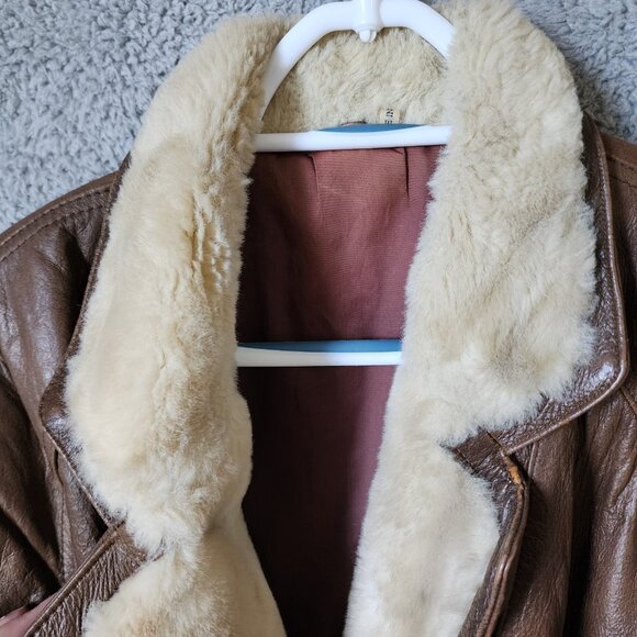 Vtg 100% Leather Aviator Bomber Jacket Faux Fur Double Collar Made in Korea PM - Picture 3 of 16